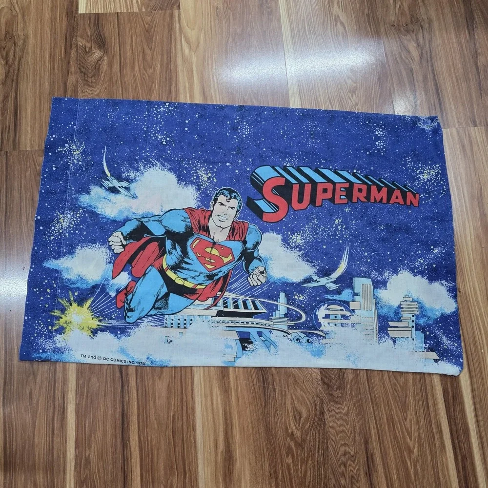 Vtg DC Comics Superman Pillowcase Standard Blue Kids 1978 Superhero Bedding